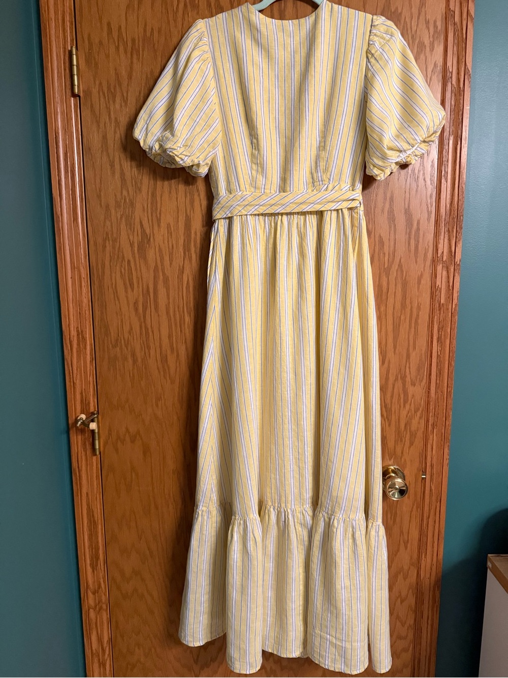 Draper James RSVP Yellow Stripe Linen Blend Wrap Midi Dress Size Small - Picture 3 of 7